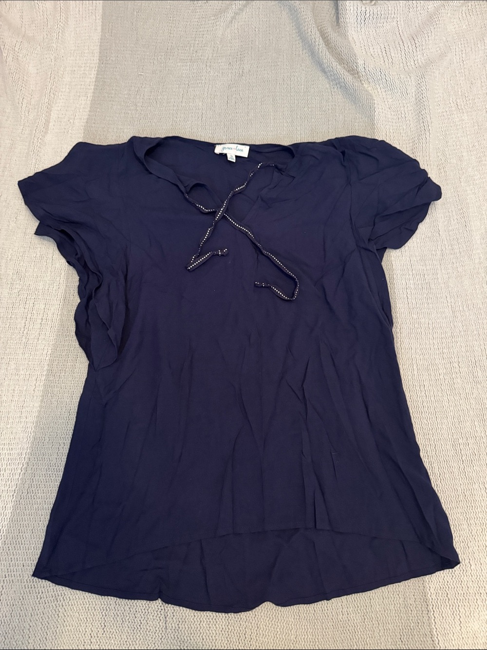 Grace & Lace Small Navy Blue Tie Neck Blouse Ruffle Sleeve Boho Top